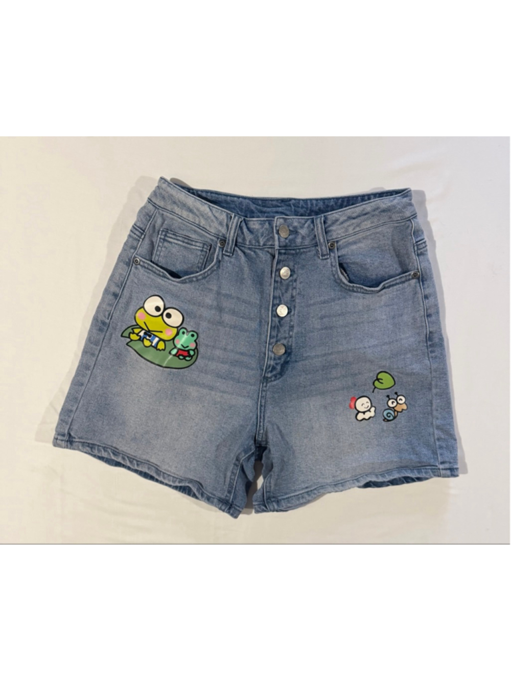 Keroppi by Sanrio Denim Mom Shorts Juniors 7 Blue Frog Snail Graphic Y2K Kawaii